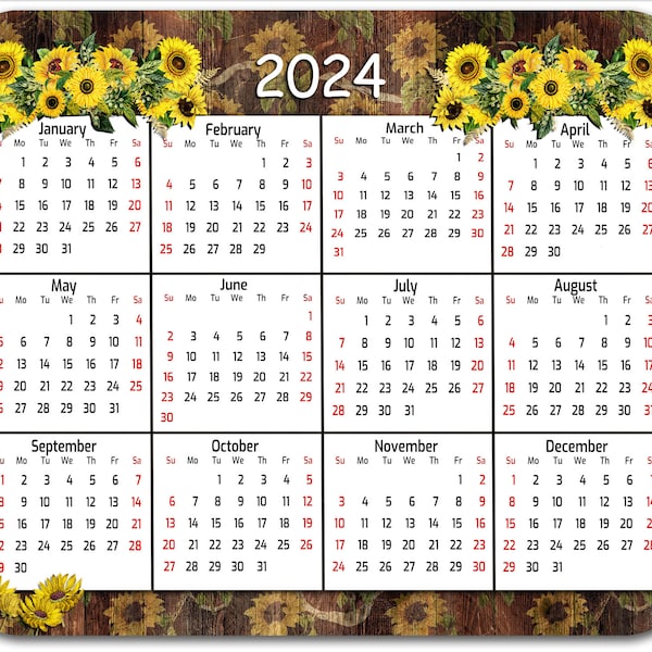 Personalized Mouse Pad, Thick, Fabric Topped 7.75" x 9.25" Mousepad. Sunflowers With 2024 Yearly Calendar