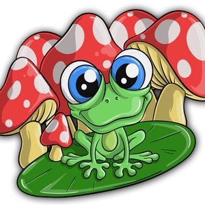 May include: A cartoon frog with big blue eyes sits on a green lily pad surrounded by red and white mushrooms.