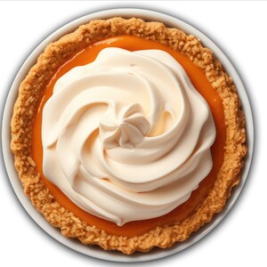 May include: A single-serving pumpkin pie with a swirl of whipped cream on top. The pie is in a graham cracker crust.