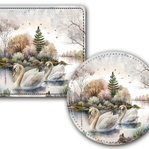 Personalized Faux (PU) Leather, 4 Round or Square Coasters-Rigid,Smooth, Soft Surface - Swans On Lake