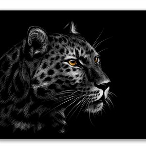 May include: A black and white illustration of a leopard with yellow eyes, looking to the right. The leopard's fur is detailed with black spots and stripes.