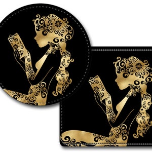 Personalized Faux (PU) Leather, 4 Round or Square Coasters-Rigid,Smooth, Soft Surface -Gold Look Girl Reading Book