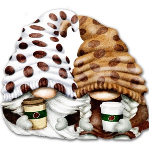 May include: Two gnomes wearing coffee bean patterned hats and holding cups of coffee. The gnome on the left has a white hat and the gnome on the right has a brown hat.