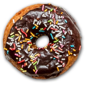 May include: A chocolate frosted donut with colorful sprinkles.