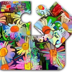 May include: A colorful abstract puzzle with four pieces, each with a different design. The pieces are made up of various shapes and colors, including red, orange, yellow, green, blue, purple, and black. The puzzle is a great way to stimulate creativity and problem-solving skills.