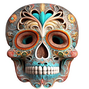 May include: A detailed, colorful sugar skull design with intricate patterns and floral accents. The skull features a teal, orange, and brown color scheme, with white teeth and large eye sockets. The design is reminiscent of Day of the Dead celebrations.