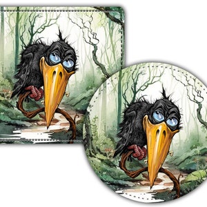 Personalized Faux (PU) Leather, 4 Round or Square Coasters-Rigid,Smooth, Soft Surface - Crow