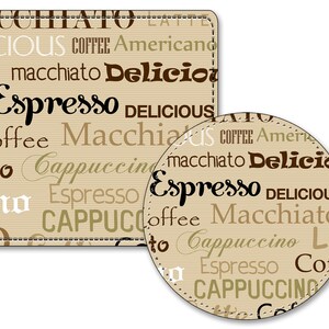 May include: Two brown and beige coasters with a coffee theme. The coasters are made of a textured material and feature a variety of coffee-related words, including "Espresso", "Cappuccino", "Macchiato", and "Delicious".