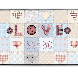 May include: A patchwork quilt design with the word "LOVE" in large letters and the text "SO & SO" in smaller letters. The quilt is made of various fabrics in shades of pink, blue, and beige. There are buttons and hearts sewn onto the quilt.