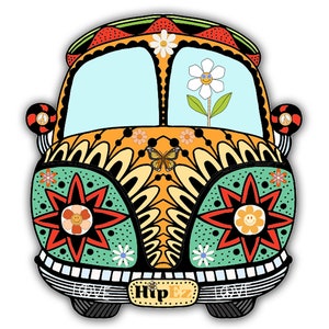 May include: A yellow, orange, and green psychedelic van with a flower in the windshield and the words "Hip Ez" on the bumper.