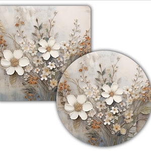 May include: A white floral design with a textured, raised effect on a light gray background. The flowers are white with a yellow center and are surrounded by brown and gray stems and leaves.