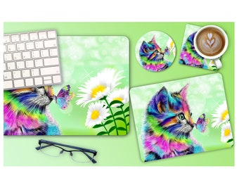 Personalized Mouse Pad, Polyester (standard) Fabric or Brushed Fabric Mousepad With Rubber On Bottom-Colorful Kitten - Add Your Text