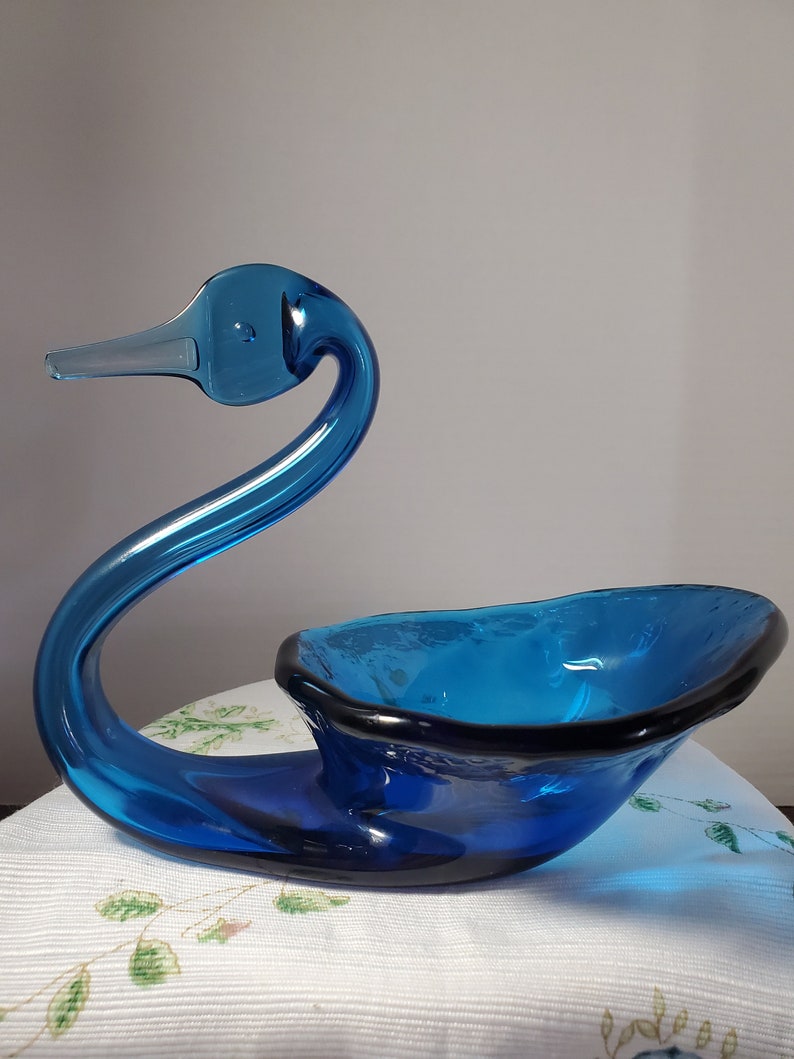 Vintage Murano Style Blue Swan Art Glass Candy Dish Etsy