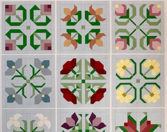 Those Blooming Buds, Blocks 1 - 12, instant PDF download, pieced block patterns, Block of the Month quilt patterns