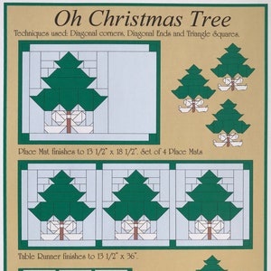 May include: A quilting pattern for a Christmas tree, with instructions for making place mats and a table runner. The pattern uses diagonal corners, diagonal ends, and triangle squares. The finished place mats measure 13 1/2 inches by 18 1/2 inches, and the table runner measures 13 1/2 inches by 36 inches.