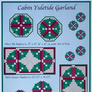 Może przedstawiać: Wzór patchworku na świąteczną girlandę z instrukcjami do wykonania podkładek pod talerze, bieżników na stół i gobelinów ściennych. Wzór przedstawia czerwony i zielony wzór na białym tle.