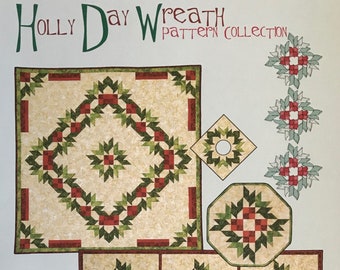 Holly Day Wreath - instant PDF download, pieced quilt pattern. Holly Christmas tree skirt and four other patterns. Pam Bono Designs.