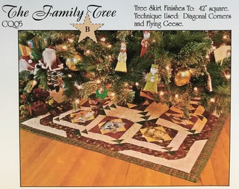 The Family Tree - an instant PDF download, pieced quilt pattern. Fabric photo Christmas tree skirt.