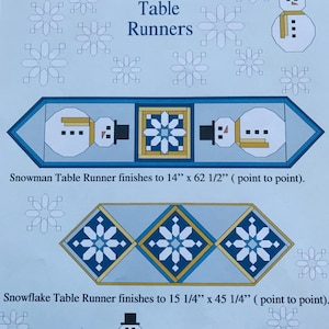 Puede incluir: Un póster azul claro con el texto "Snowmen are Just a Bunch of Flakes" y "Table Runners". Presenta dos diseños de caminos de mesa: uno con muñecos de nieve y otro con copos de nieve. El camino de mesa de muñeco de nieve mide 35.56cm x 158.75cm.