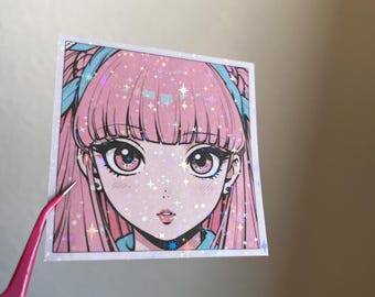 Pink Retro Y2K Anime Girl Square Sticker | Pastel Dream Edition | 2” Holographic Finish | Kawaii Vaporwave Sticker for Laptop & Journal