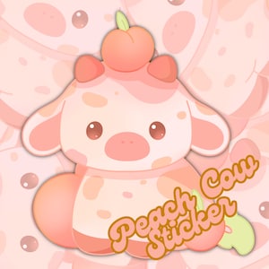 Pegatina de vaca color melocotón pastel - Pegatina kawaii brillante - Diseño de animal frutal adorable / Decoración para diario, planificador, regalos, fanático de las vacas