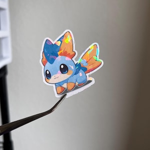 autocollant holographique de créature de l'eau | Adorable autocollant de 2 po. | Sticker animal élément eau kawaii pour ordinateur portable, bouteille d'eau, journal