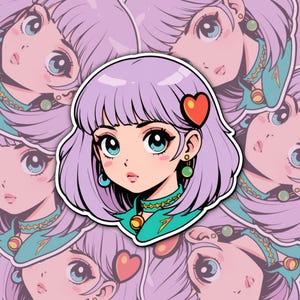Retro Y2K Anime Girl Aufkleber | Neon Pop Edition | 2 ""Holographisches Laminat | Bunte Wasserwelle Sticker für Laptop & Planer