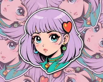 Retro Y2K Anime Girl Sticker | Neon Pop Edition | 2” Holographic Laminate | Vibrant Vaporwave Sticker for Laptop & Planner