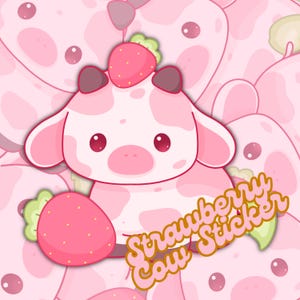 Pegatina brillante de vaca fresa – Linda vaca frutal kawaii – Pegatina laminada brillante de 7,6 cm para portátil, botella de agua y diario