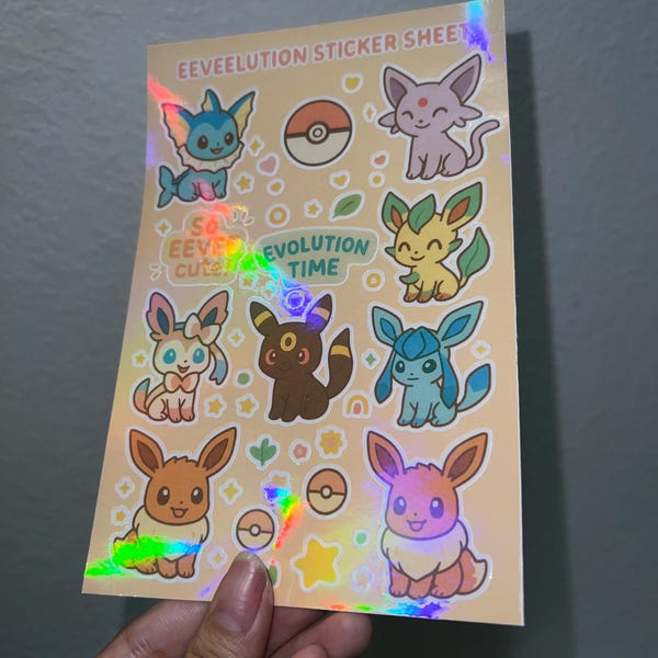 Anime Eeveelutions Holographic Sticker Sheet – Cute Pastel Aesthetic| Planners, Scrapbooks, Laptops, Journals – Kawaii Anime Decals, pokémon