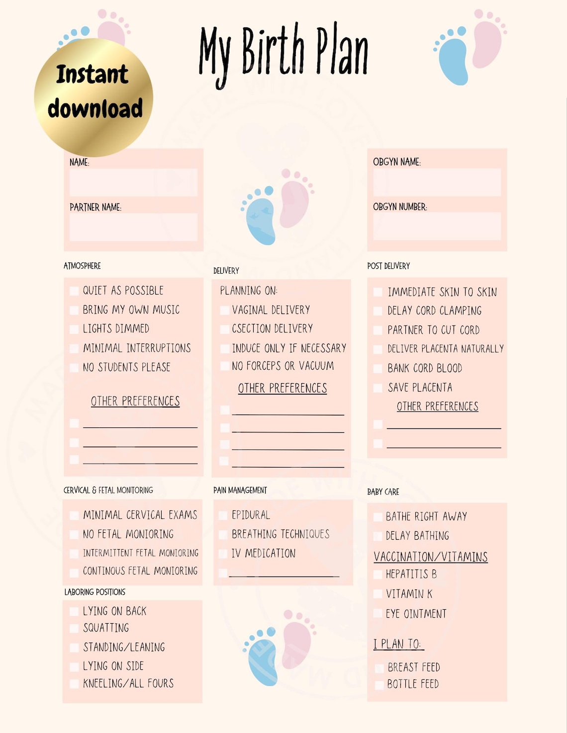 Birth Plan Template - Etsy