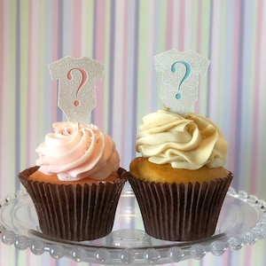 Género Revelar Cupcake Toppers, Baby, Onesie, Decoraciones baby shower