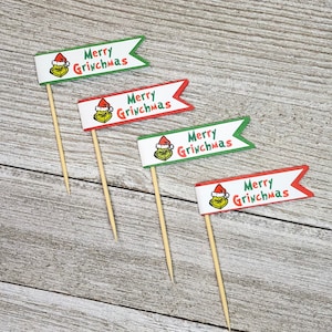 Merry Grinchmas Cupcake Toppers, 12pc. Grinch Birthday Decorations, Grinch Party Decor, Grinch Christmas