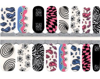 Nail Wraps Nail Decals Nail Stickers Nail Art Press Ons Party Favor Gift - Psychedelic Abstract Art Black, Pink, Blue Negative Space Clear