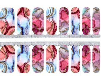 Nail Wraps Nail Decals Nail Stickers Nail Strips Press Ons Baby Shower Party Favor Stocking Stuffer - Pink Blue Marble with Gold Foil