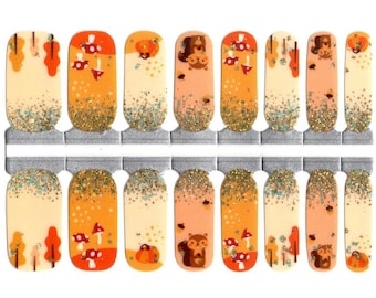 Fall Nail Wraps Nail Decals Nail Art Stickers Nail Strips Press Ons Thanksgiving Favor Gift - Orange Beige Trees Mushrooms Squirrel Pumpkins