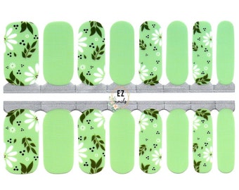 Nail Wraps Nail Decal Nail Art Stickers Nail Strips Press On Maid of Honor Gift Mother of the Groom - Mint Green Spring White Flowers Leaves