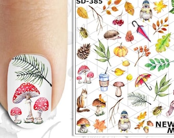 Waterslide Decals Water Transfer Fall Nail Art Sliders Nail Tattoo - Squirrel, Pinecone, Umbrella, Mushrooms, Coffee, Hat, Scarf