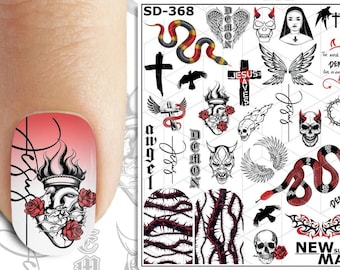 Waterslide Decals Water Transfer Halloween Nail Art Sliders Nail Tattoo - Black Demon Angel Snake Heart Roses Skull Nun