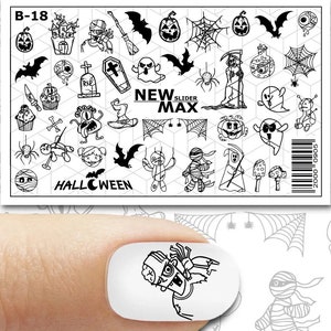 Waterslide Decals Water Transfer Halloween Nail Art Sliders Nail Tattoo - Black Monster Castle Bats Ghosts Tombstone Witch Hat Broom Death