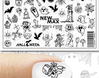 Waterslide Decals Water Transfer Halloween Nail Art Sliders Nail Tattoo - Black Monster Castle Bats Ghosts Tombstone Witch Hat Broom Death