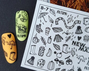 Waterslide Decals Water Transfer Fall Nail Art Sliders Nail Tattoo - Black Raincoat, Boots, Hedgehog, Fox, Bear, Hat, Scarf, Acorns, Pumpkin