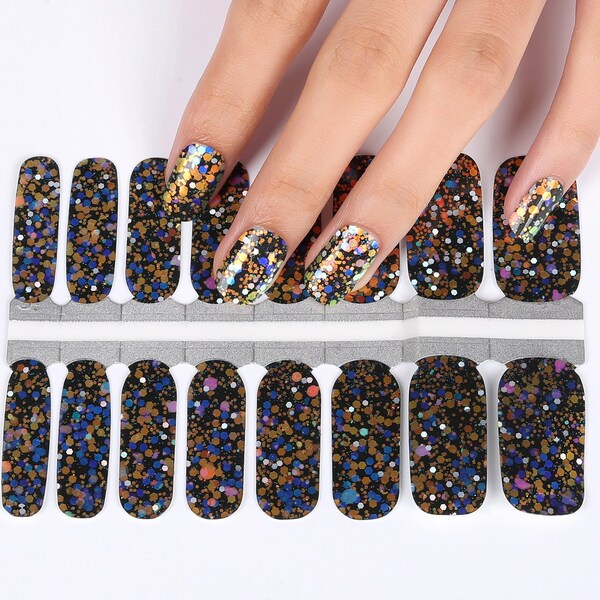 Nail Wraps Nail Art Nail Stickers Nail Polish Strips Party Bachelorette Favor New Year Stocking Stuffer - Black Sequin Glitter Night Lights