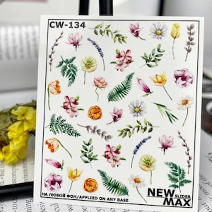 Flores laranja, amarelas e rosa com galhos de folhas - Adesivos de transferência de água, tatuagem de unha, adesivos de unha