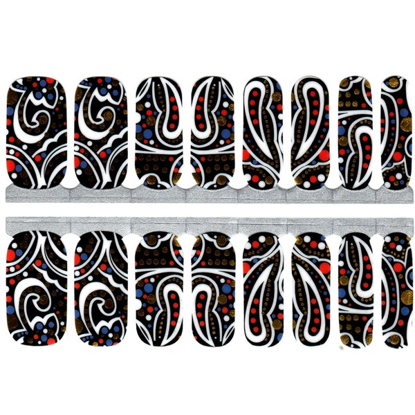 Nagel wraps, nagellak wraps, nagel strips, nagel stickers- zwart en wit abstracte kunst met rood goud en blauwe stippen