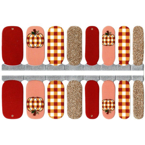 Fall Nail Wraps Nail Decals Nail Stickers Nail Strips Nail Art Press Ons - Autumn Plaid Pumpkins Dark Red Orange Peach Beige Gold Glitter