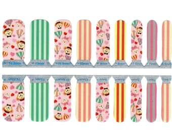 Kids Nail Wraps, Nail Decals, Nail Stickers, Nail strips - Teddy Bears and Air Balloons with Hearts Striped