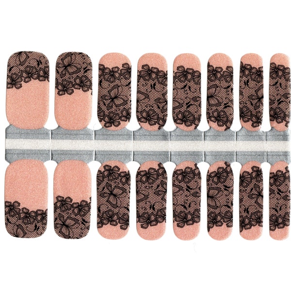 Nagelwraps, nagelstickers, nagelstickers, nagelstrips - Roze glans en zwart kanten bloemen- en vlinderthema