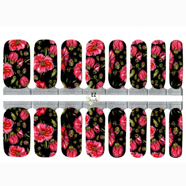 Nagelwraps Nagelstickers Nagelstickers Nagelstrips Druk op Feestgunst Hert Cadeau Bruidsmeisje - Felroze bloemen Zwarte achtergrond