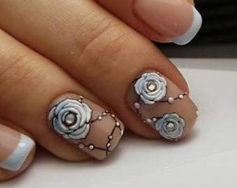 3D Pink and Blue Roses with Black Beads - 3D Waterslide Water Transfer Nail Art Decals